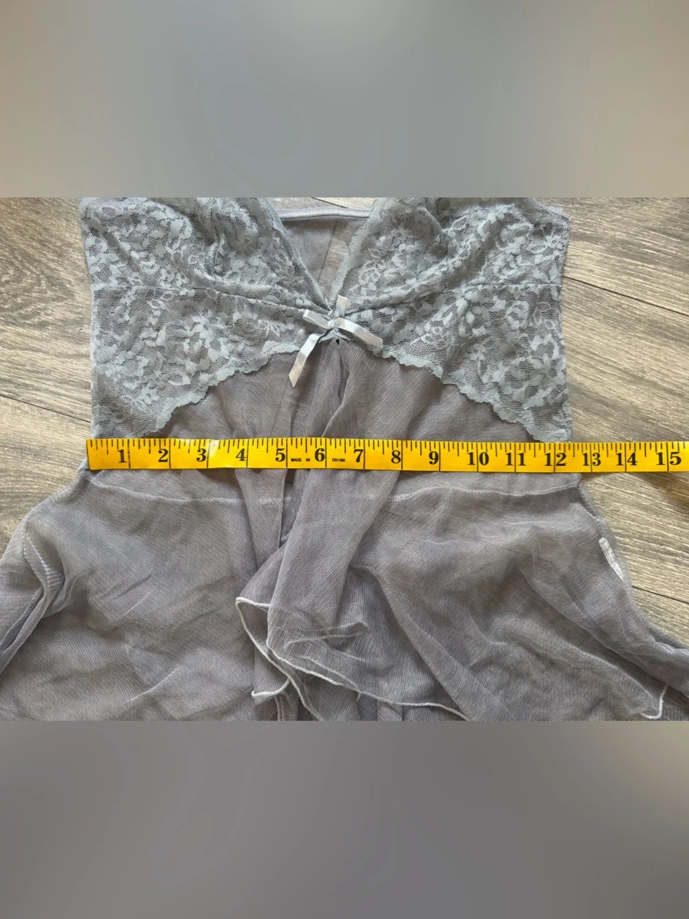 Sheer Delicate Lace Open Front Waterfall Chemise Slip Top in Gray. Size M